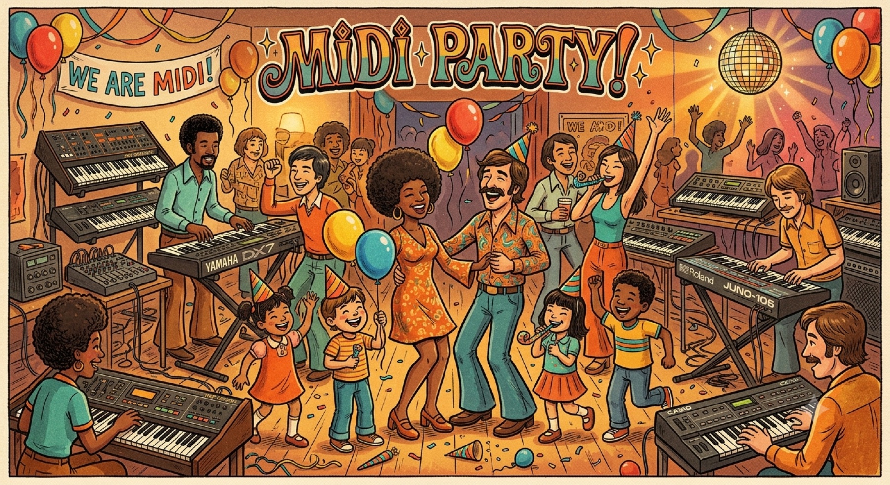 Midi Party - a room full of vintage synths, keyboards and people dancing at a retro party